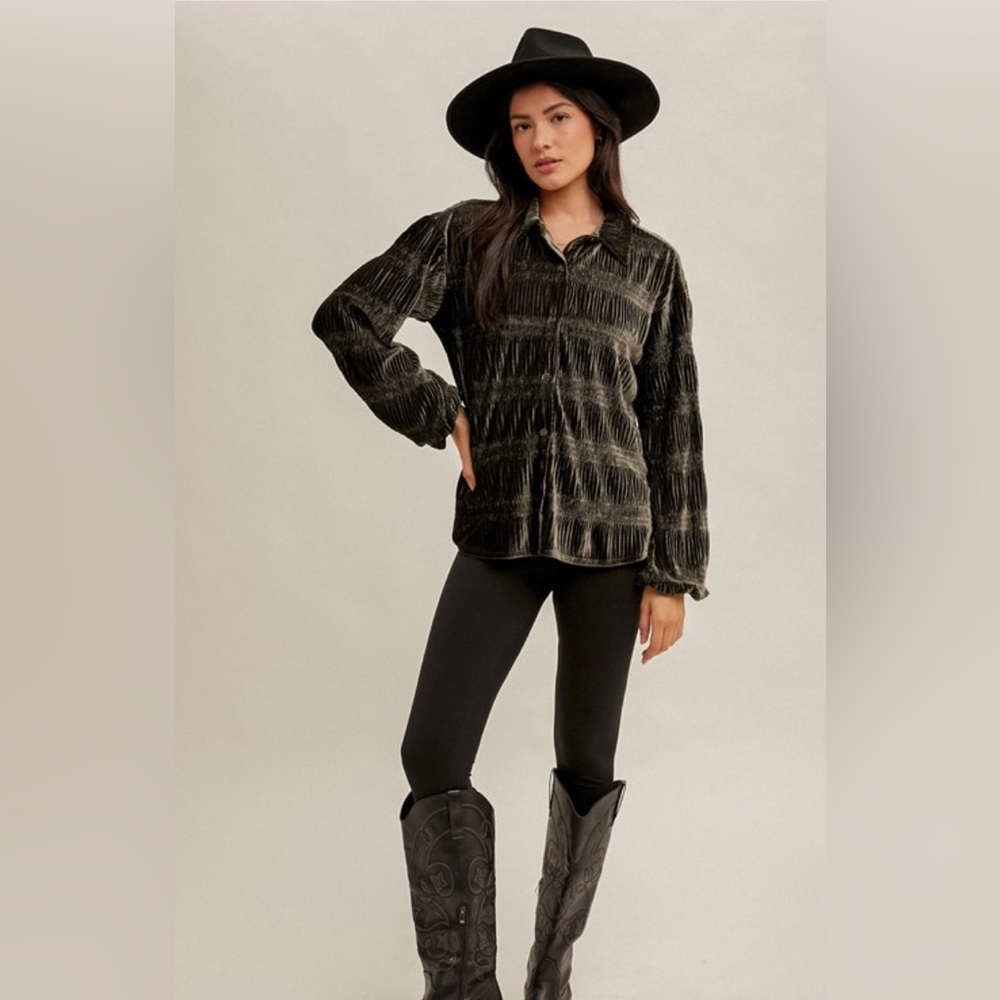 New Hem & Thread Smocked Velvet Button Down Shirt